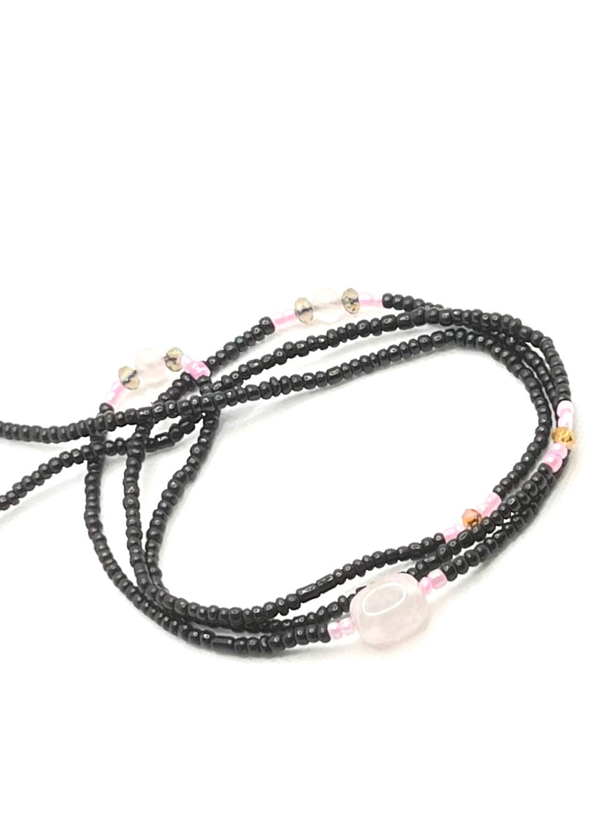 Black Waist Bead with Rose Quartz Gemstone