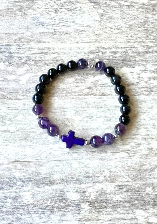 Obsidian & Amethyst Cross Gemstone Bracelet