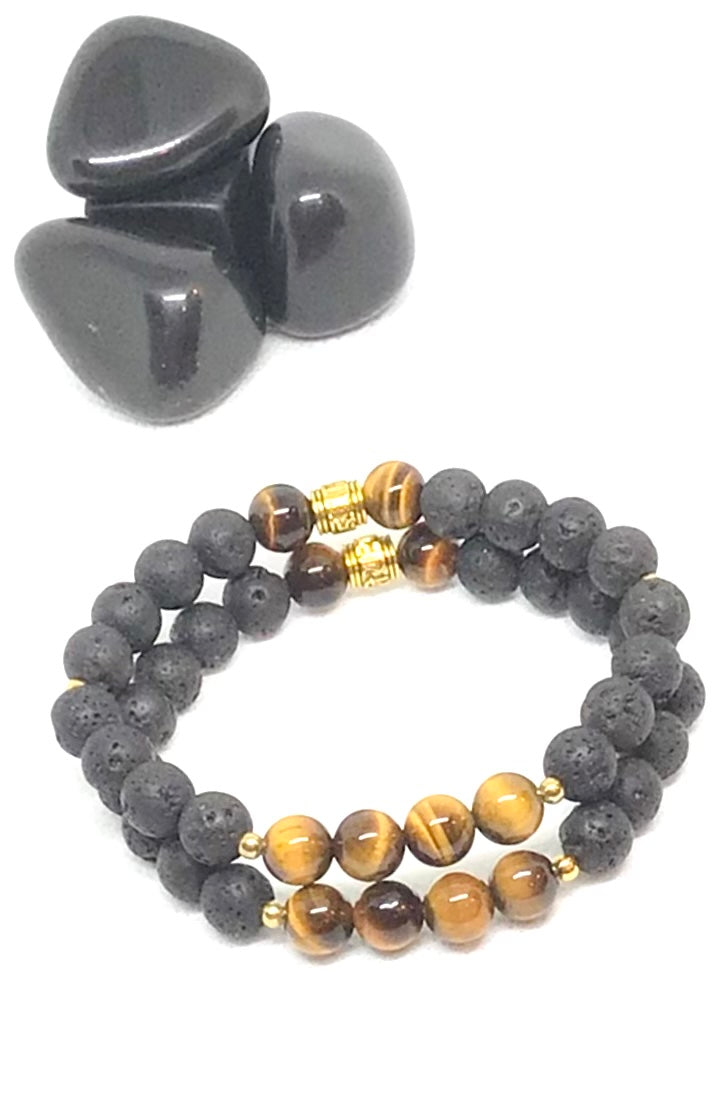 Tigers Eye & Lava Beads Natural Gemstone Bracelet