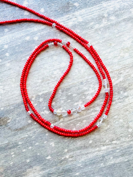 Red with Clear Quartz Gemstone Waist Bead