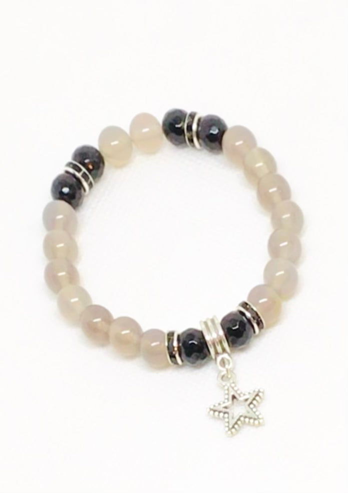 Grey Agate & Obsidian Natural Gemstone Bracelet with Charm