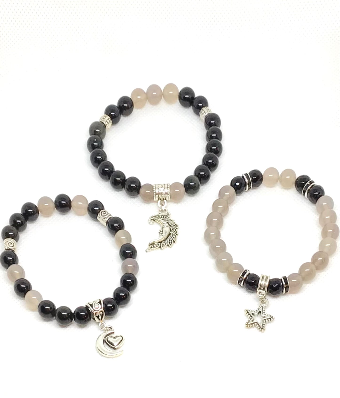 Grey Agate & Obsidian Natural Gemstone Bracelet with Charm