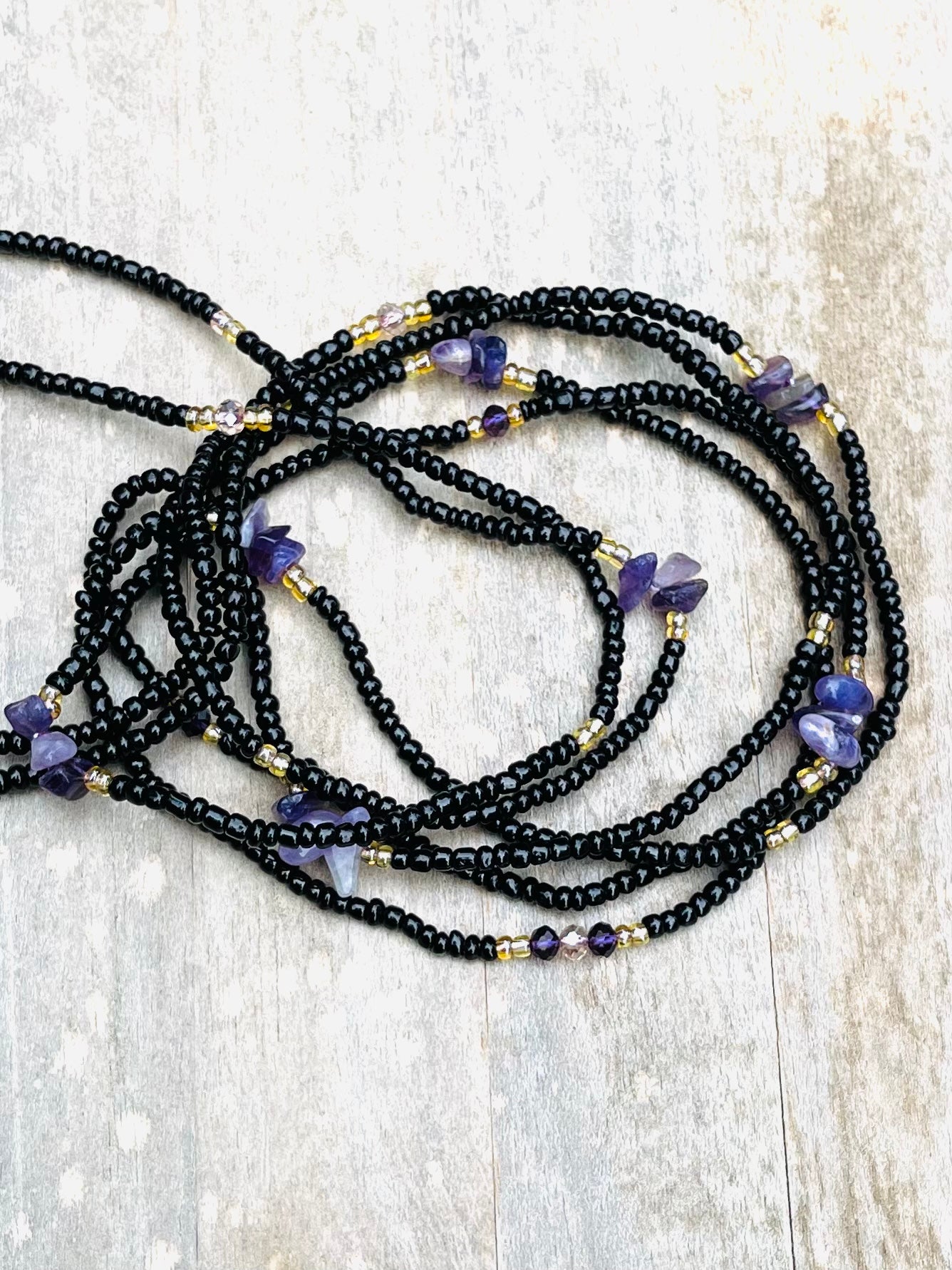 Black & Gold Waist Bead with Amethyst Gemstone