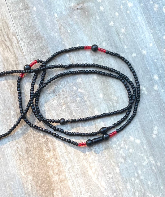 Black and Red Waist Bead with Obsidian Gemstones