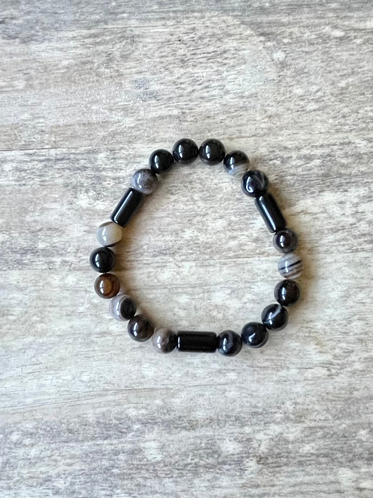 Agate (Striped) & Obsidian Natural Gemstone Bracelet