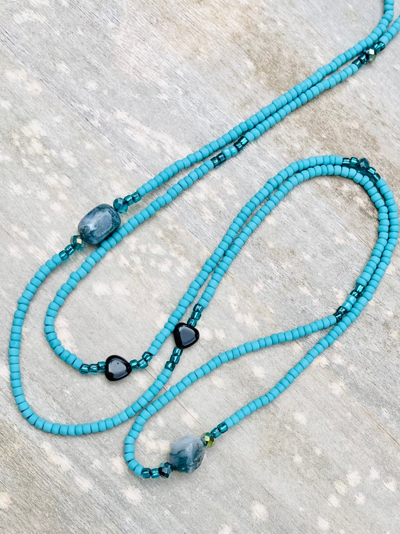 Turquoise Waist Bead with Moss Agate & Obsidian Heart Gemstones