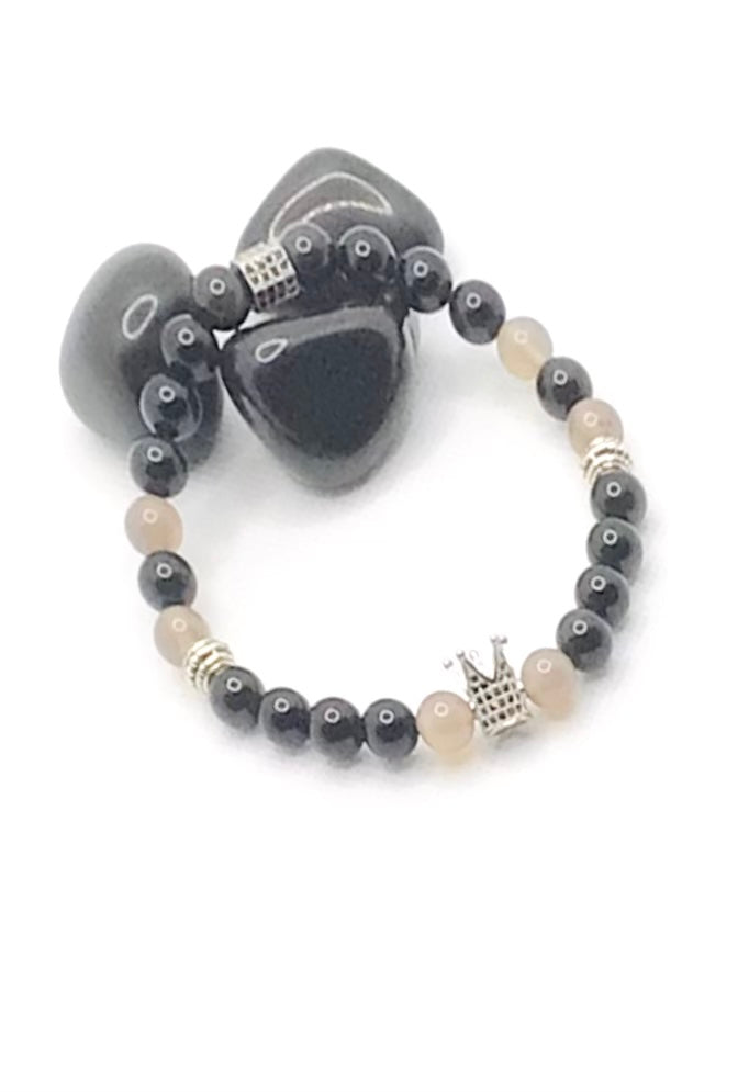 Grey Agate & Obsidian Natural Gemstone Bracelet with Charm