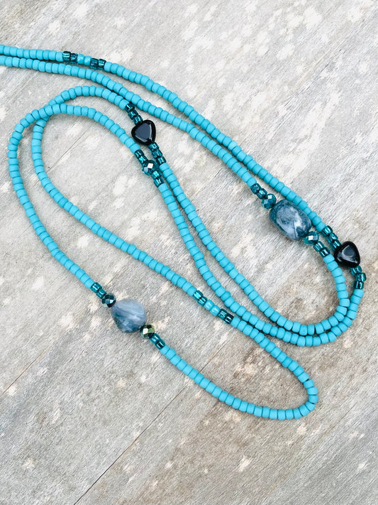 Turquoise Waist Bead with Moss Agate & Obsidian Heart Gemstones