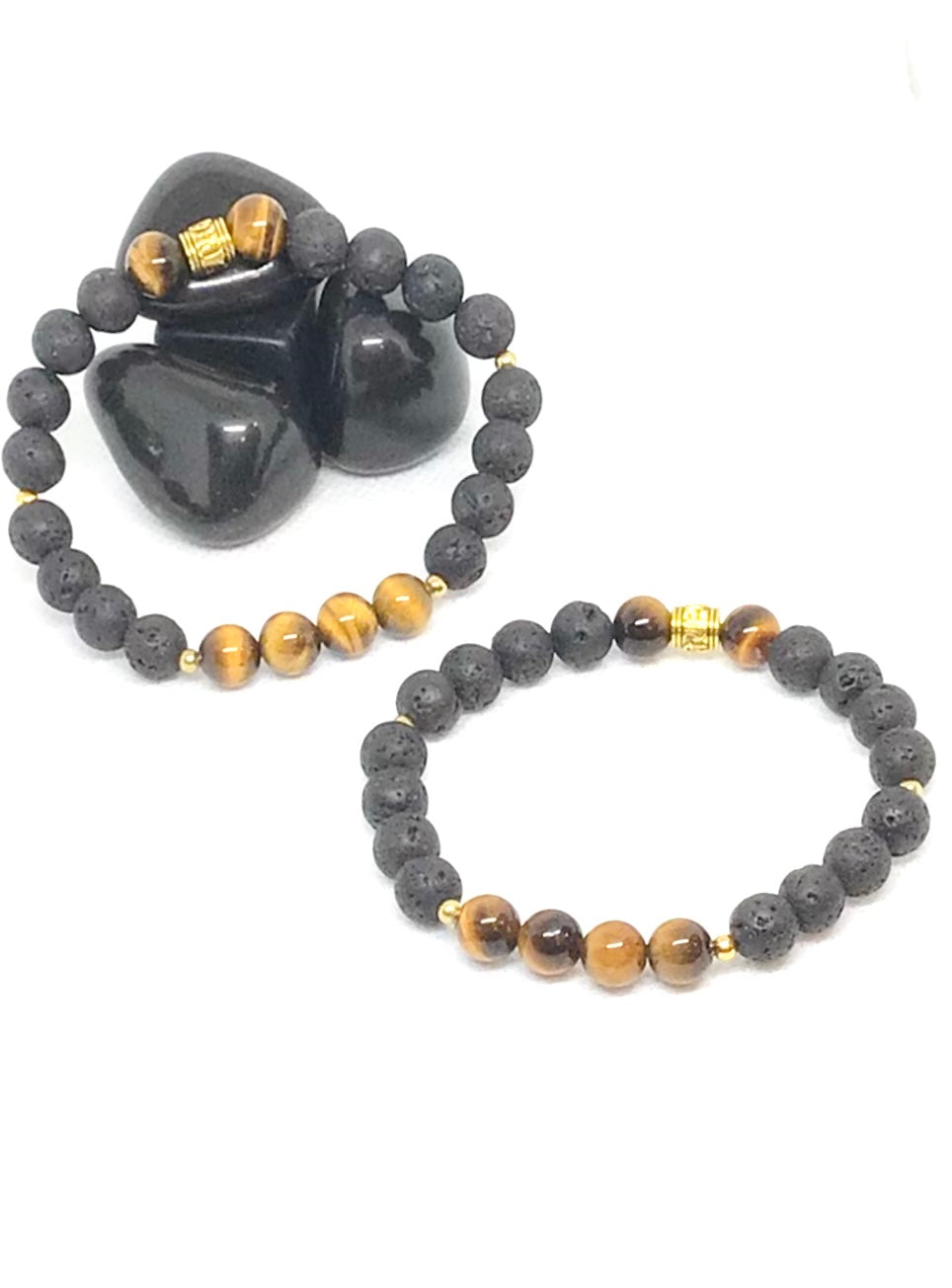 Tigers Eye & Lava Beads Natural Gemstone Bracelet