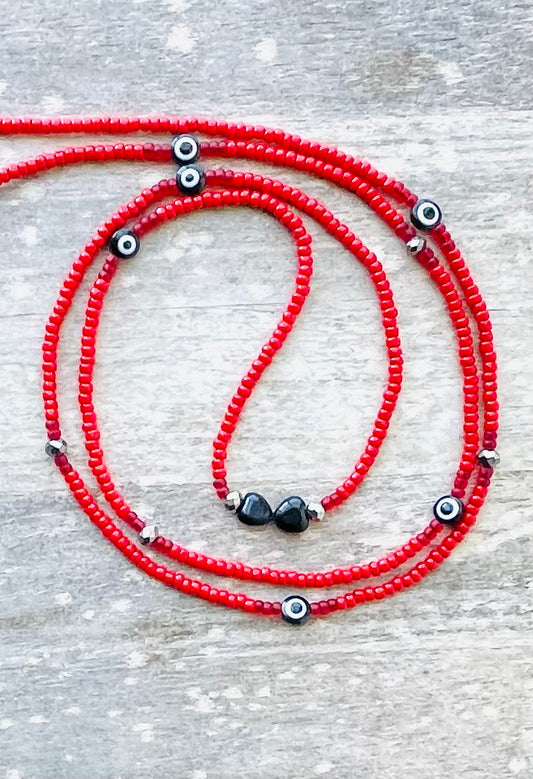 Red 🧿 Waist Bead with Lava Beads Hearts