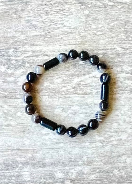 Agate (Striped) & Obsidian Natural Gemstone Bracelet