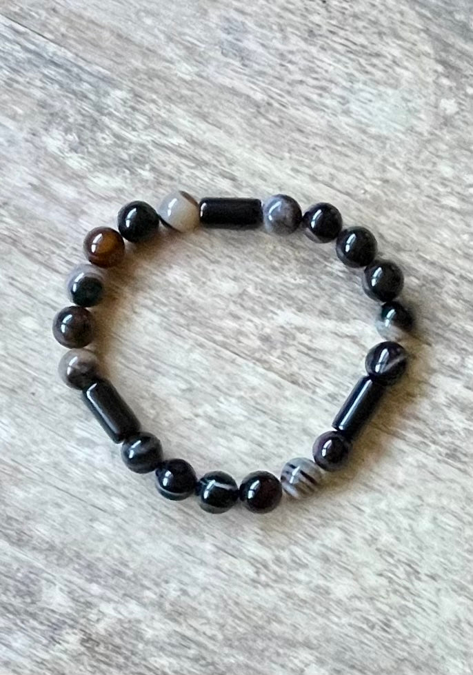 Agate (Striped) & Obsidian Natural Gemstone Bracelet