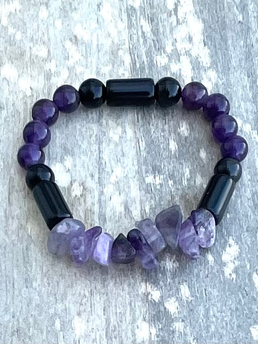 Amethyst Chipped Gemstone & Obsidian Bracelet