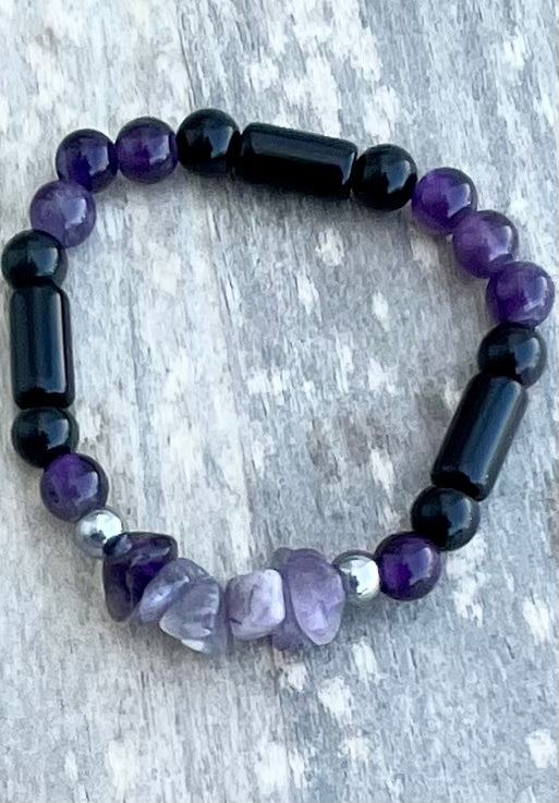 Amethyst Chipped Gemstone & Obsidian Bracelet