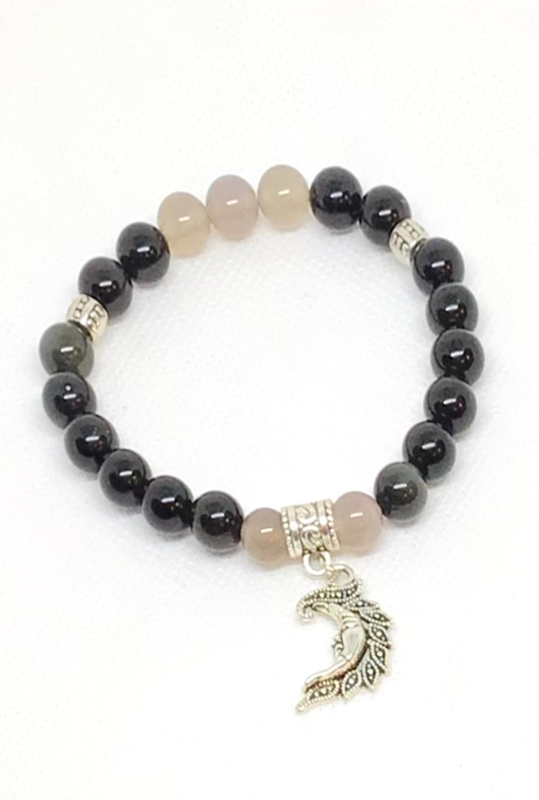 Grey Agate & Obsidian Natural Gemstone Bracelet with Charm