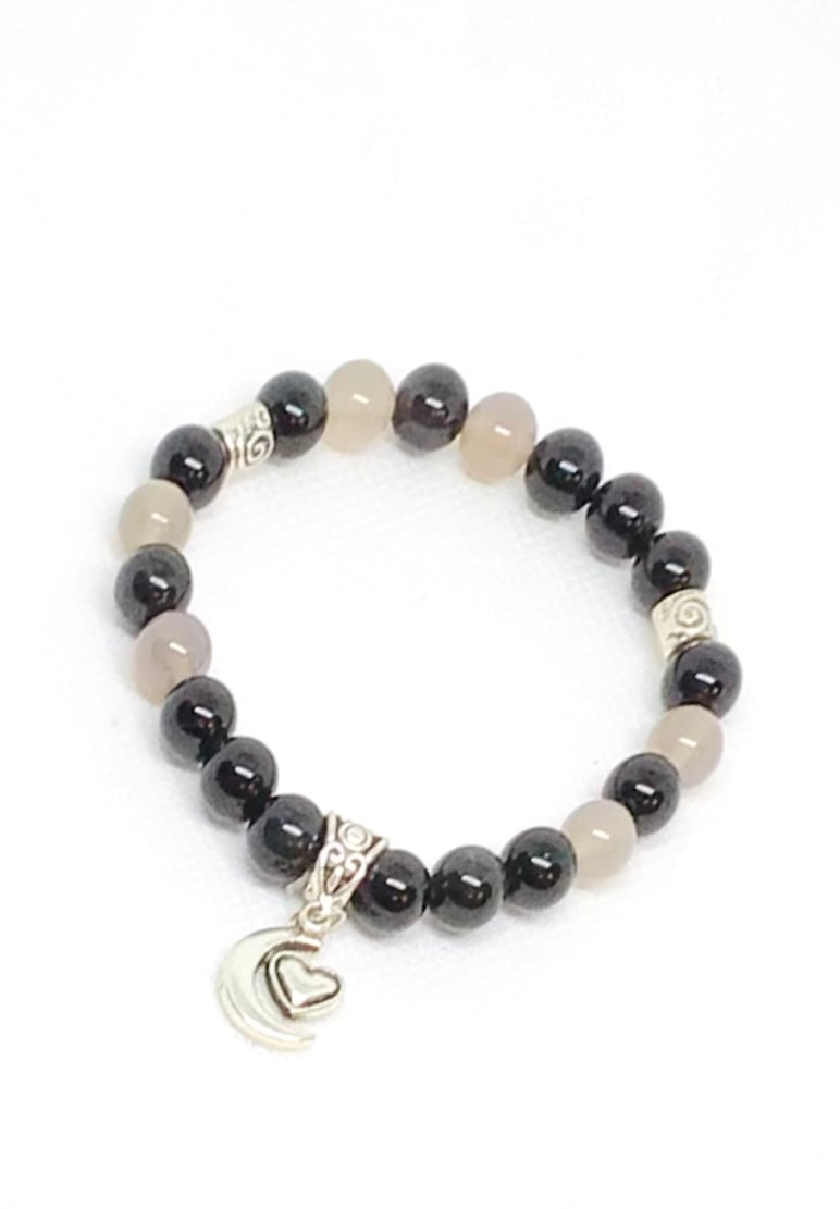 Grey Agate & Obsidian Natural Gemstone Bracelet with Charm