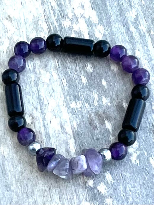 Amethyst Chipped Gemstone & Obsidian Bracelet