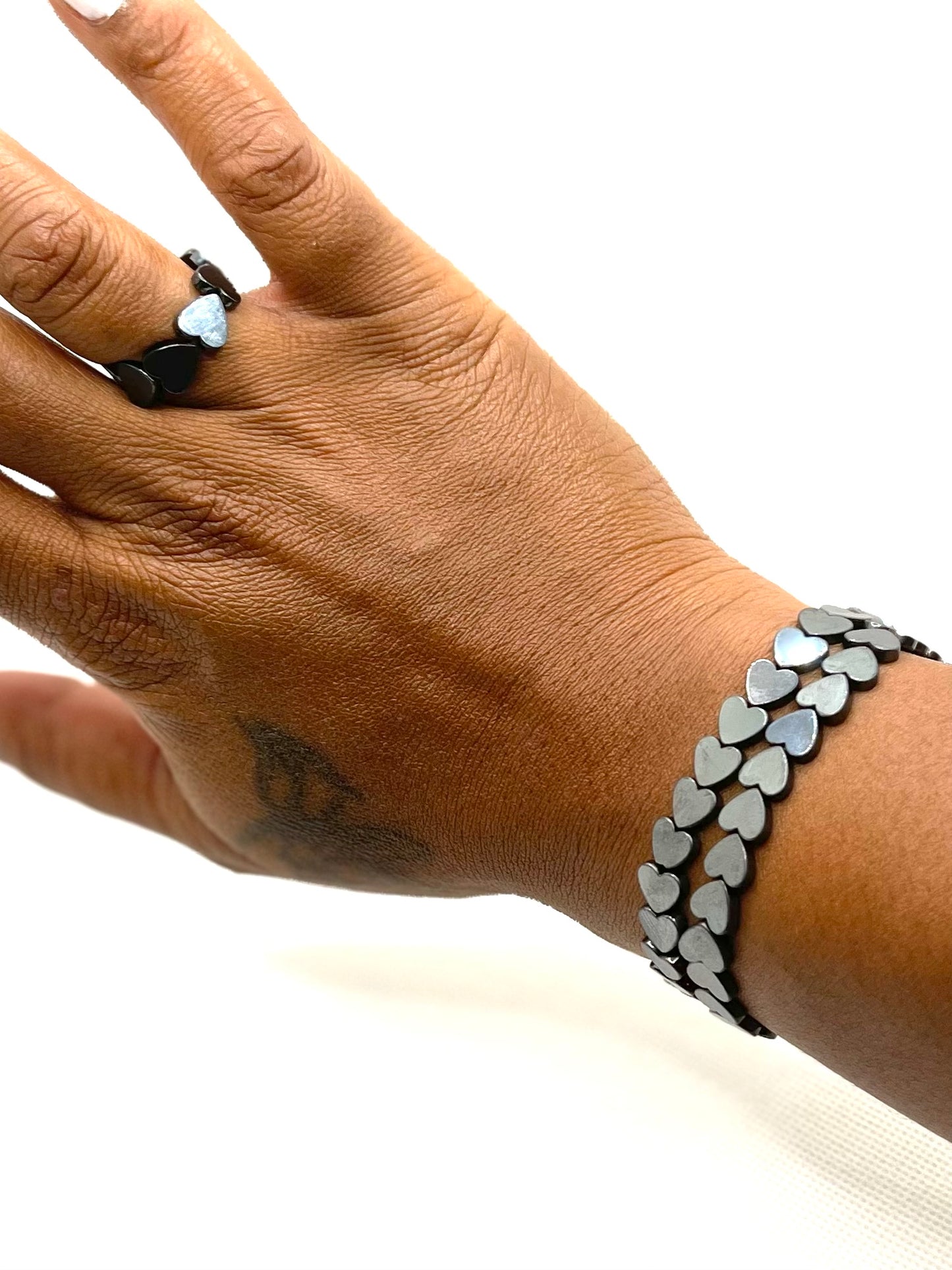 Hematite Hearts Natural Gemstone Bracelet & Ring Set