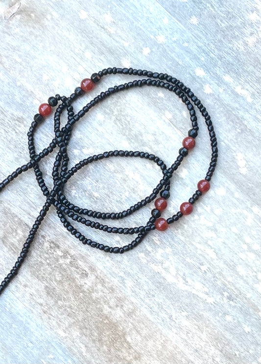 Black Waist Bead with Red Agate & Obsidian Gemstones