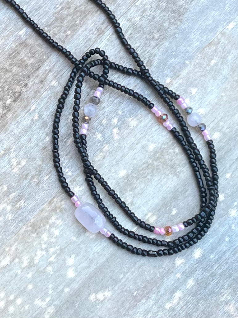 Black Waist Bead with Rose Quartz Gemstone