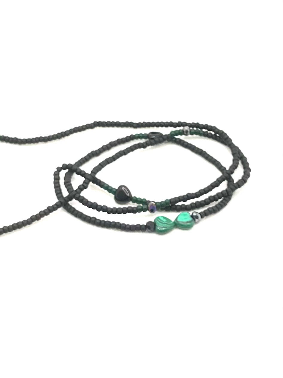 Black Matte Waist Bead with Obsidian & Malachite Hearts