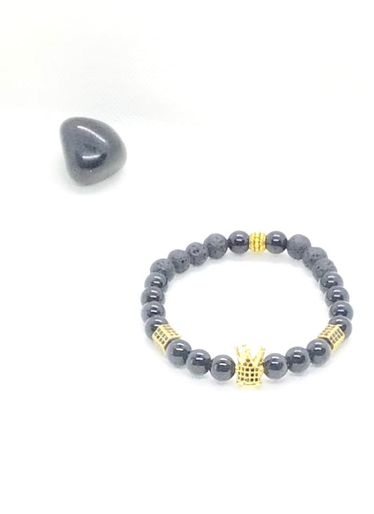 Black Onyx with Lava Beads Natural Gemstone King Charm Bracelet