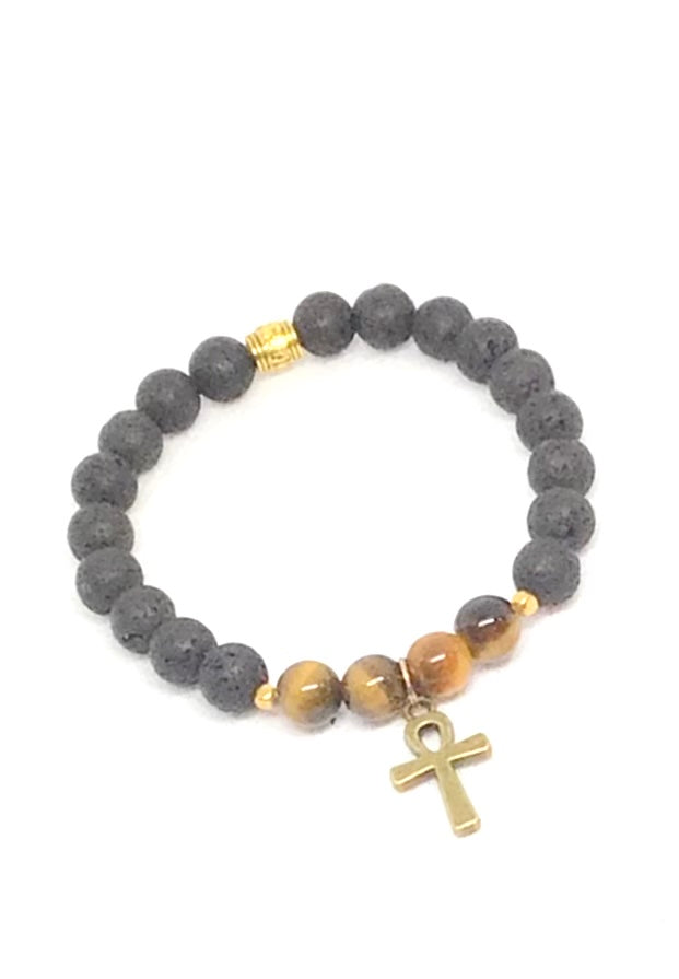 Tigers Eye & Lava Beads Natural Gemstone Bracelet