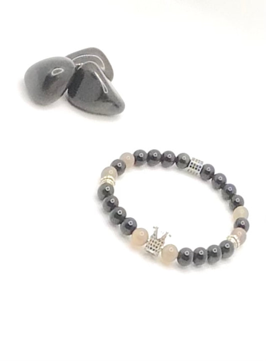 Grey Agate & Obsidian Natural Gemstone Bracelet with Charm