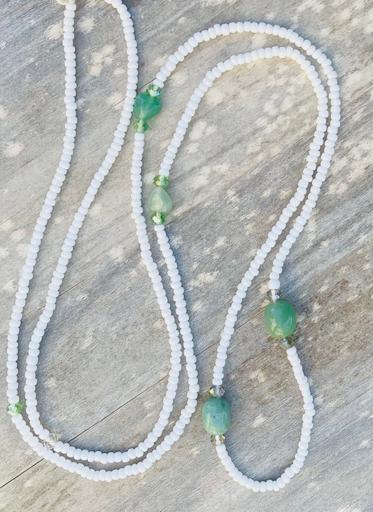 White Waist Bead with Green Aventurine Gemstones