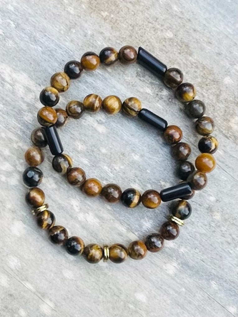 Tigers Eye with Cats Eye Spacers Natural Gemstone Bracelet