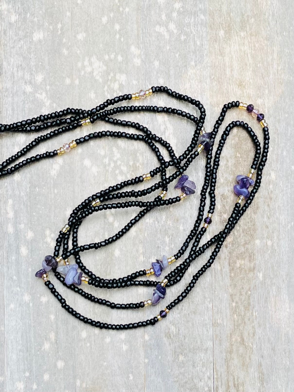 Black & Gold Waist Bead with Amethyst Gemstone