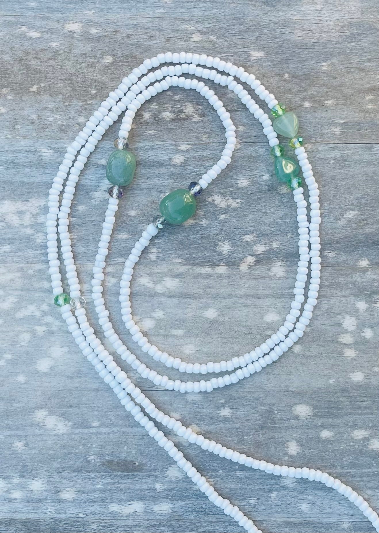 White Waist Bead with Green Aventurine Gemstones